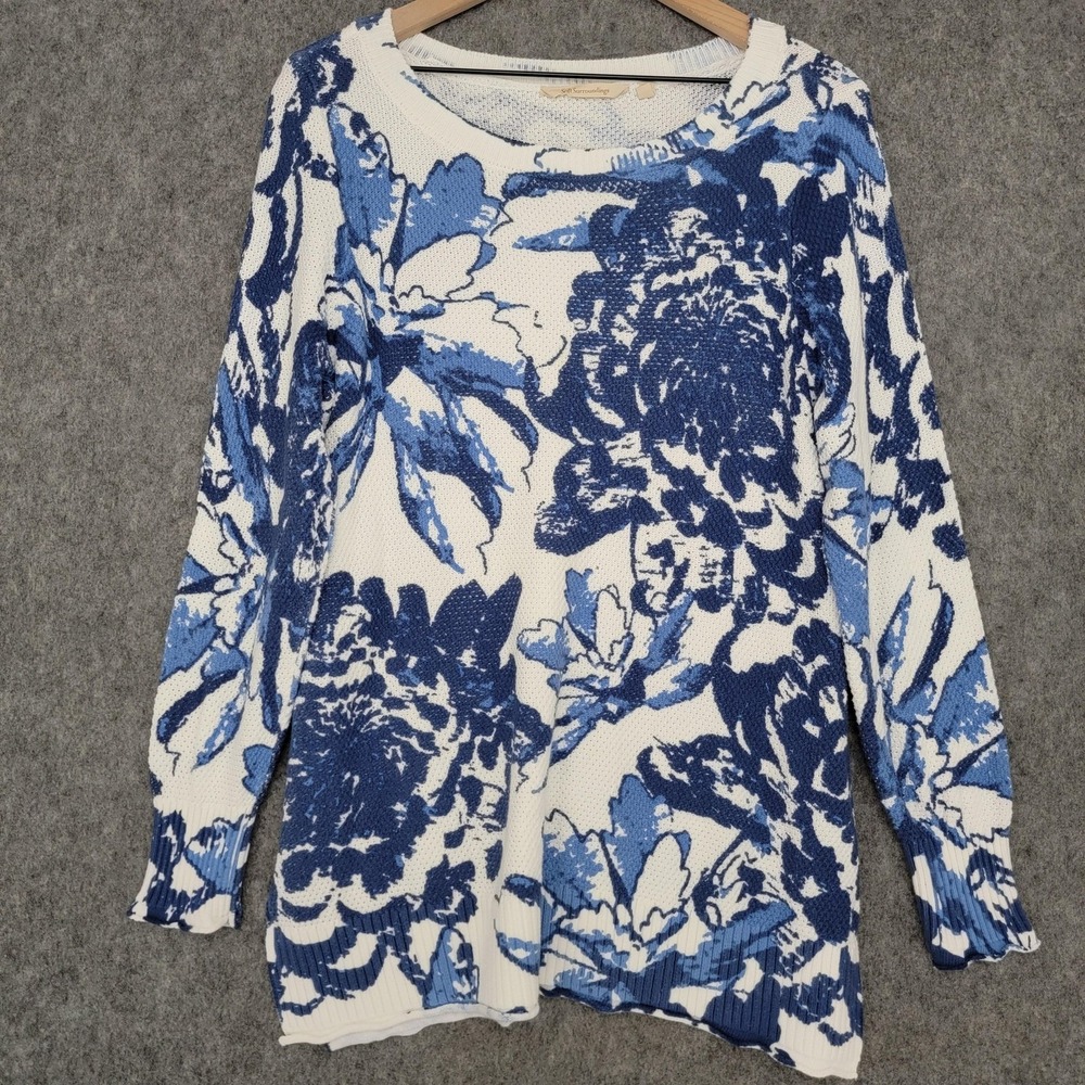 Soft Surroundings Marin Sweater Womens L Blue Floral Waffle Knit Tunic Pullover - Picture 2 of 12